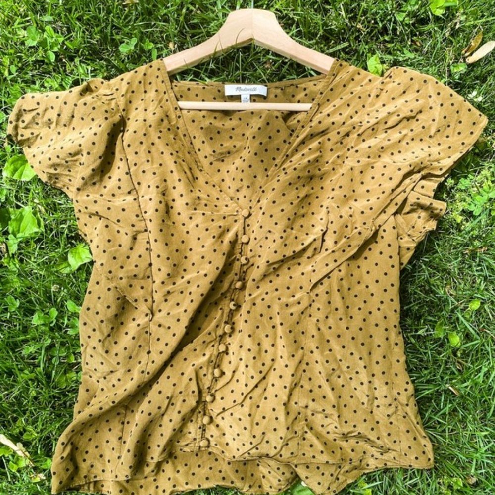 Silk Carmelina Flutter-Sleeve Top in Polka Dot